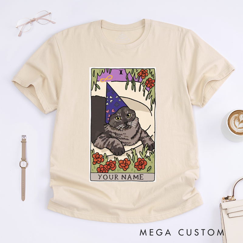 Personalized Tarot Lovers Classic T-Shirts Wizard Cat The Magician Tarot Card T-Shirt Witchy Clothing Sad Cat Meme  Clothing Gift