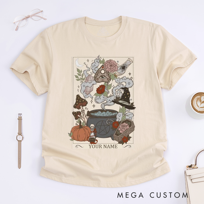 Personalized Witch Halloween Classic T-Shirts Custom Spooky Gift for Magic Lovers Unisex Vintage Potion Pumpkin Mushroom Print Unique Gift