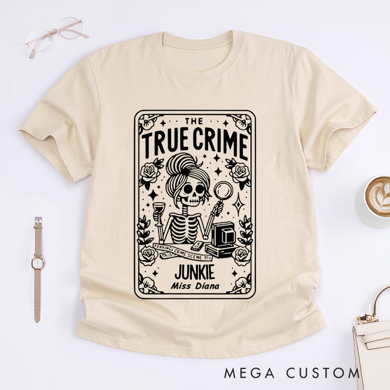 Personalized True Crime Junkie Classic T-Shirts Custom Name Unisex Gift for Crime Lovers Unique Detective Skeleton Illustration Cool Gift