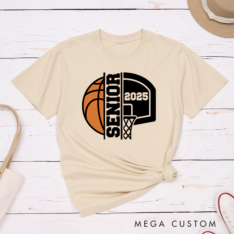 Personalized Basketball Graduation T-Shirt Design Featuring Custom Graduation Year Bold Vertical Text Dynamic Basketball and Hoop Graphics in a Classic School Spirit Style