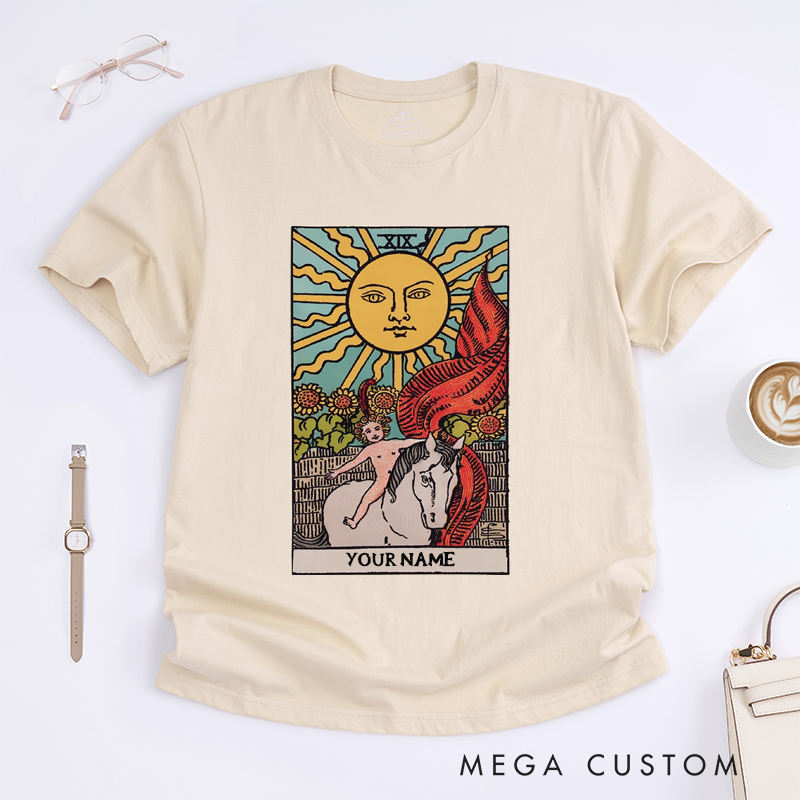 Personalized The Sun Tarot Card Classic T-Shirts Custom Name Gift Unisex Unique Astrology Tee Spiritual Birthday Present for Tarot Reader Friends