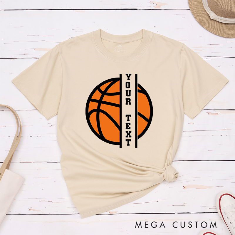 Personalized Basketball T-Shirt Design Featuring Custom Vertical Text Centered Over a Bold Orange Basketball Graphic