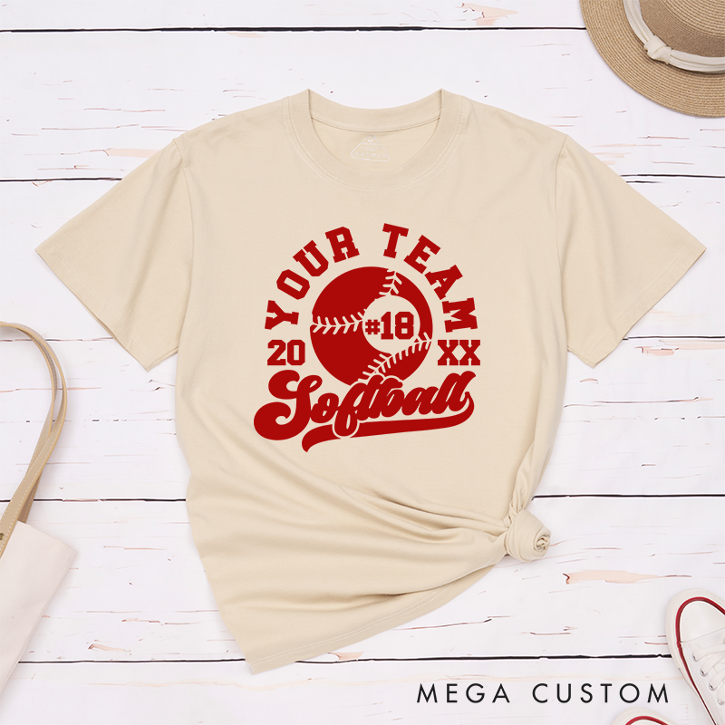 Personalized Softball Team T-Shirt Design Featuring Customizable Team Name Bold Softball Graphic Player Number and Year