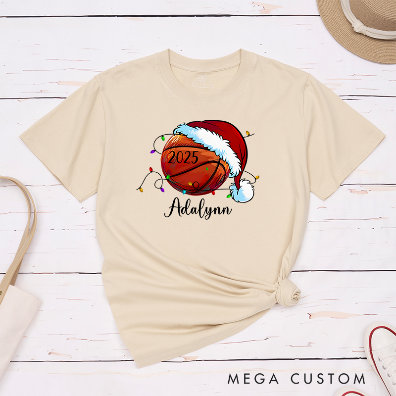 Personalized Festive T-Shirt with Custom Name, Year, and Basketball Santa Hat Design