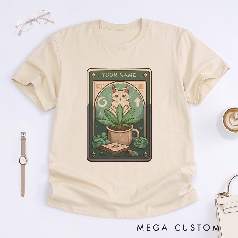 Personalized Tarot Lovers Classic T-Shirts Stoner Cat Classic T Shirt Gift for Cat Lovers Cannabis Enthusiasts Creative Funny Casual T-Shirts