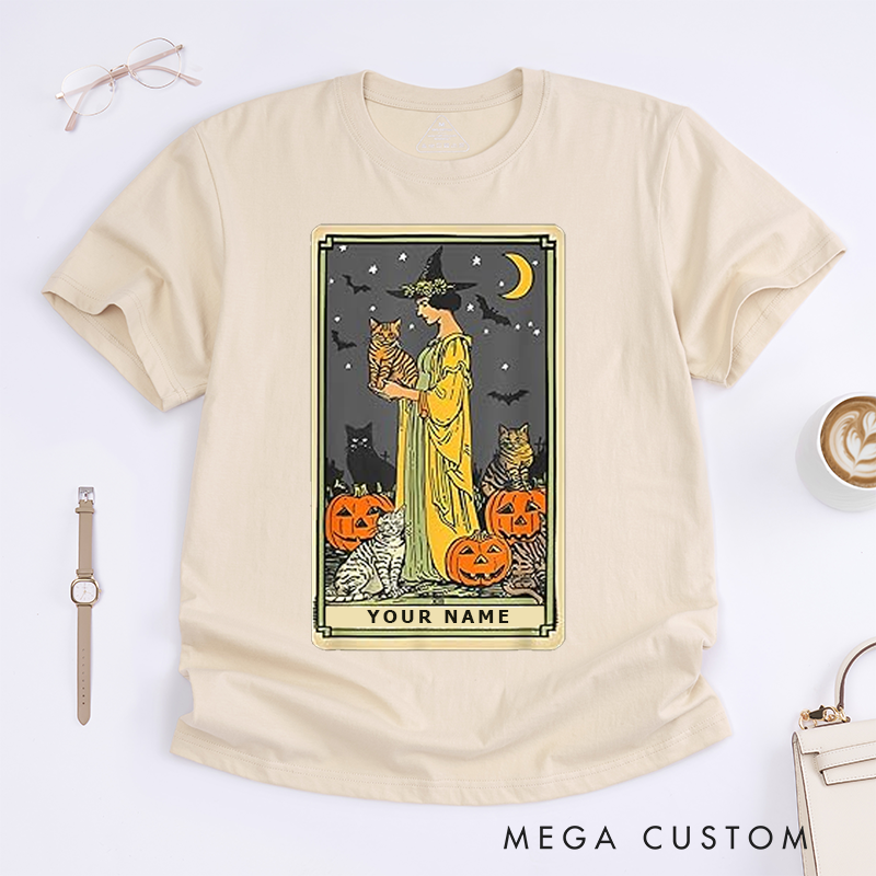 Personalized Tarot Lovers Classic T-Shirts Cat Lady Witch T Shirt Halloween Pumpkin Lovers Classic Tee Unique Gift for Cat Owner Present