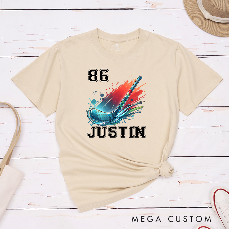 Personalized Athletic T-Shirt with Hockey Stick and Customizable Name