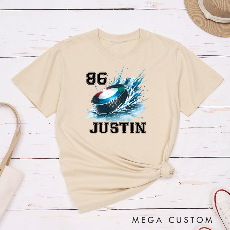 Personalized Hockey T-Shirt with Splashed Ice Puck Design and Custom Name
