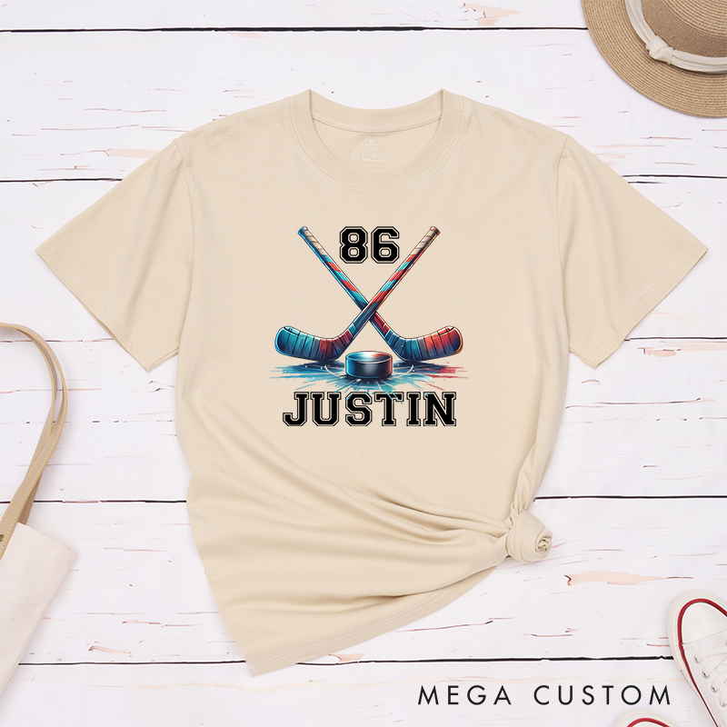 Personalized Ice Hockey T-Shirt with Crossed Sticks and Custom Name  