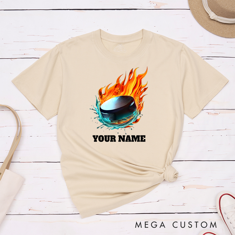 Personalized Flaming Hockey Puck T-Shirt with Custom Name  