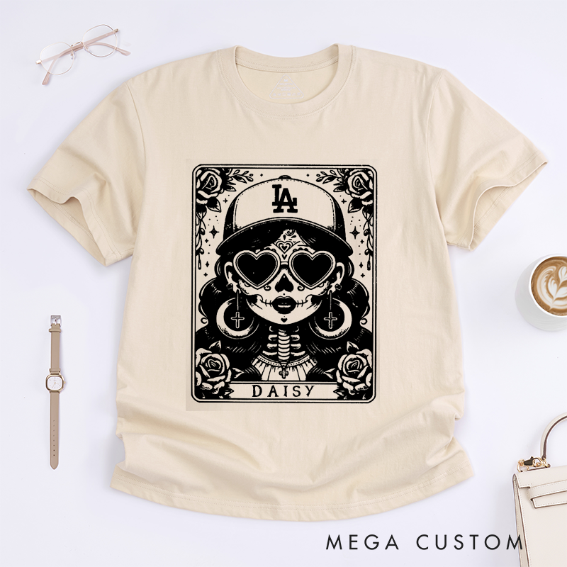 Personalized Tarot Lovers Classic T-Shirts La Chingona Skull T-Shirt Gothic Heart Glasses Skeleton Day of the Dead Tee 