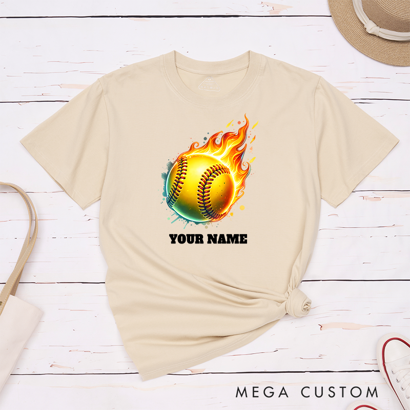 Personalized Fiery Softball T-Shirt Design Customizable Name Featuring a Dynamic Flaming Softball Graphic Perfect for Teams and Players
