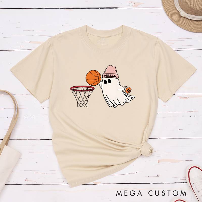 Personalized Halloween Basketball T-Shirt with Cute Ghost, Pumpkin, and Custom Name Design
