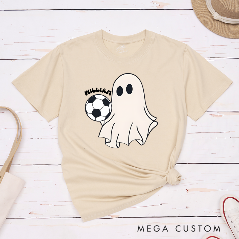 Personalized Halloween Soccer T-Shirt with Cute Ghost, Soccer Ball, and Custom Name Design