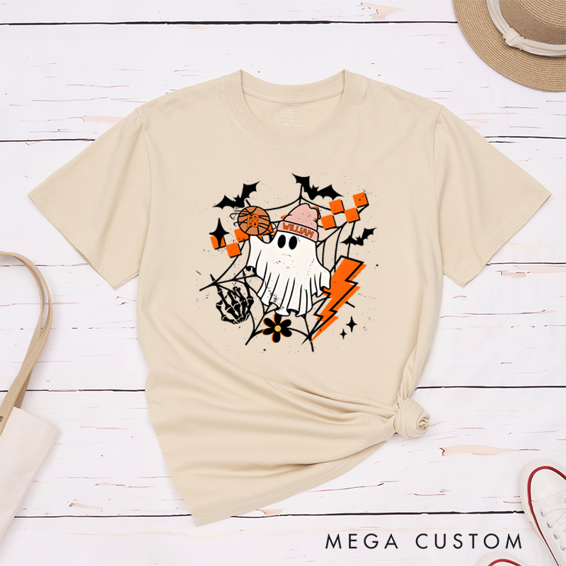 Personalized Halloween T-Shirt with Ghost, Basketball, Custom Name, and Number Design