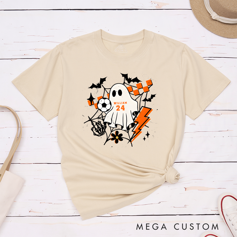 Personalized Halloween T-Shirt with Ghost, Soccer Ball, Custom Name, and Number Design