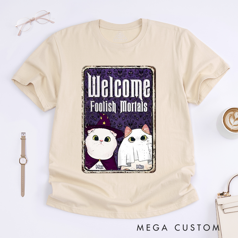 Personalized Tarot Lovers Classic T-Shirts Halloween Cat Classic T-Shirts Cute Wizard and Ghost Cat Design Gift for Cat Lovers
