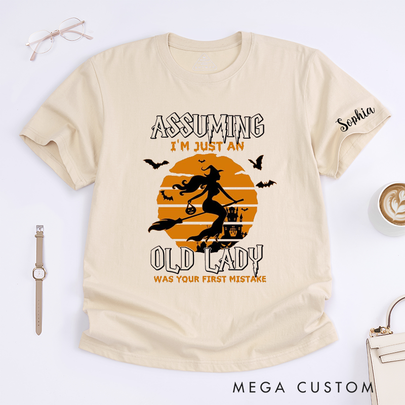 Personalized Old Lady Witch Halloween Classic T-Shirts Custom Name Funny Broomstick Costume Gift for Unique Retirement Birthday Present for Grandma