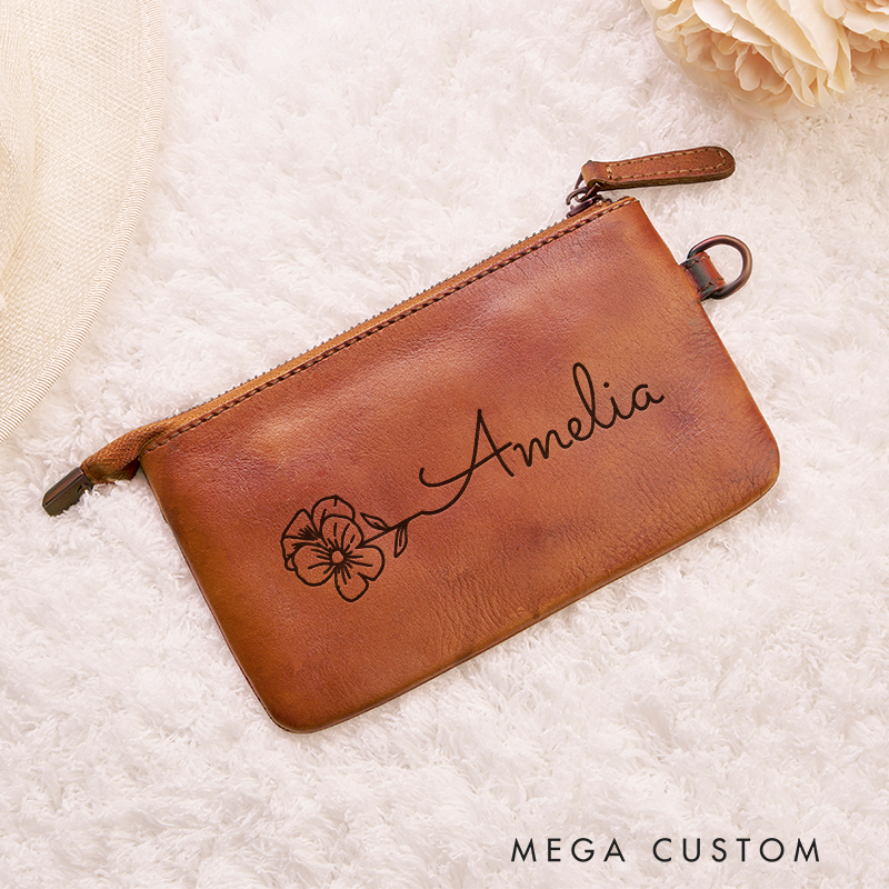 Personalized Birth Flower Leather Wallet Women Leather Wallet With Zipper Engraved Women Leather Wallet Leather Gift for Her Unique Gift for Her Birthday Gifts