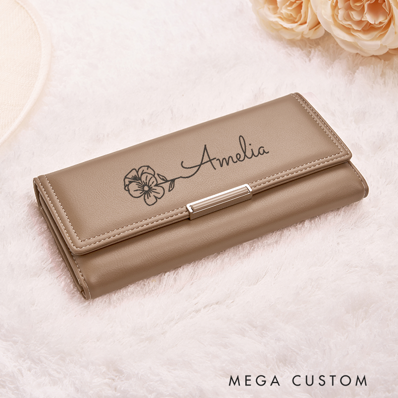 Personalized Leather Wallet for Women Engraved Birth Flower Wallet Women Slim Wallet Clutch Purse Leather Gift for Her Unique Gift for Her Birthday Gifts for Women