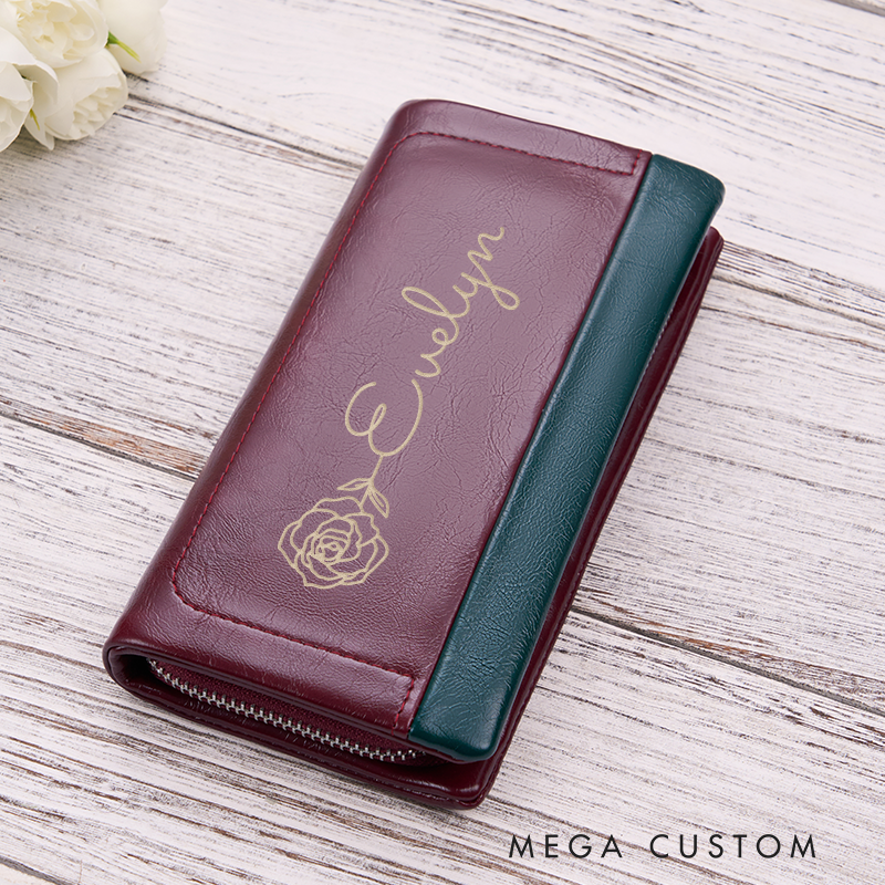 Personalized Leather Wallet for Women Birth Flower Leather Wallet Engraved Women Slim Wallet Clutch Purse  Leather Wallet With Zipper Unique Gift for Her Birthday Gifts