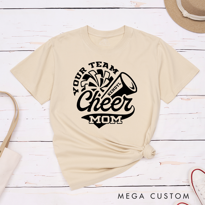 Personalized Cheer Mom T-Shirts Featuring Custom Team Name and Player Name on the Front for Game Day Spirit