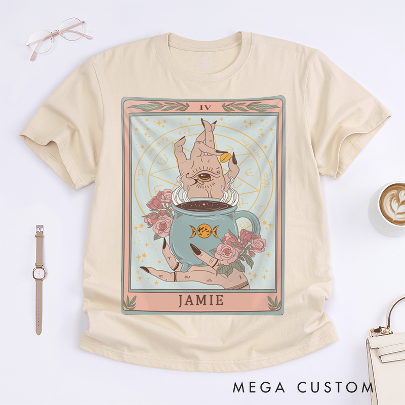 Personalized Tarot Lovers Classic T-Shirts The Coffee Full color Tarot Card Shirt Coffee Cup witchy Mystical Tarot T-shirts Gift