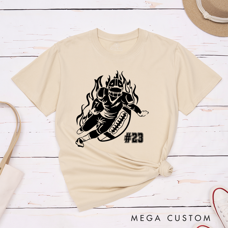 Personalized American Football Player T-Shirts Featuring Custom Number - Customizable Football Action Tee