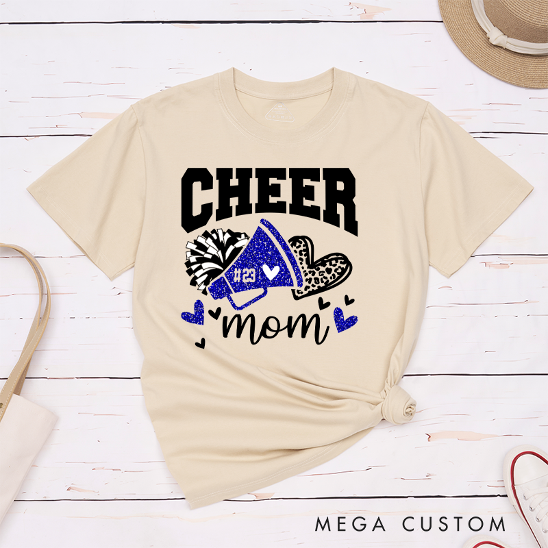Personalized Cheer Mom T-Shirts Featuring Custom Name - Leopard Glitter Print Heart T-Shirt