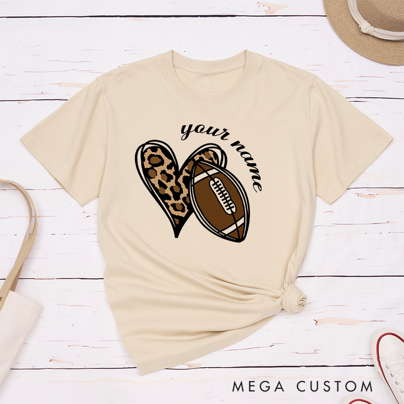 Personalized American Football and Rugby Leopard Love T-Shirts Featuring Custom Name