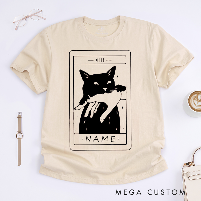 Personalized Tarot Lovers Classic T-Shirts The Death Tarot Card Black Cat Comfort Shirt Halloween Gift for Cat Lover 