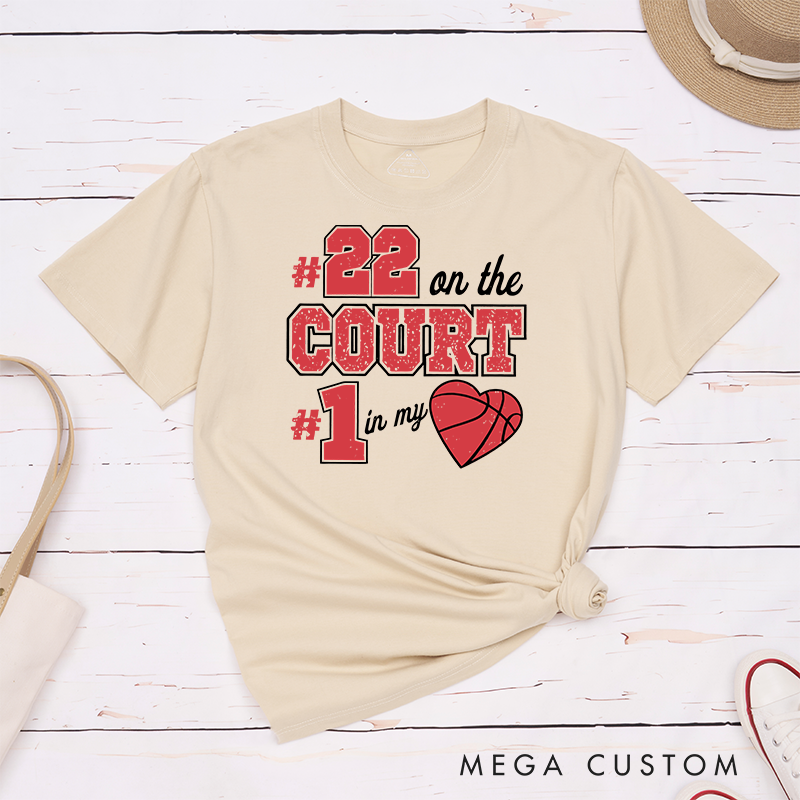 Personalized Basketball Fan T Shirt with Custom Jersey Number and Heartfelt On the Court In My Heart Design