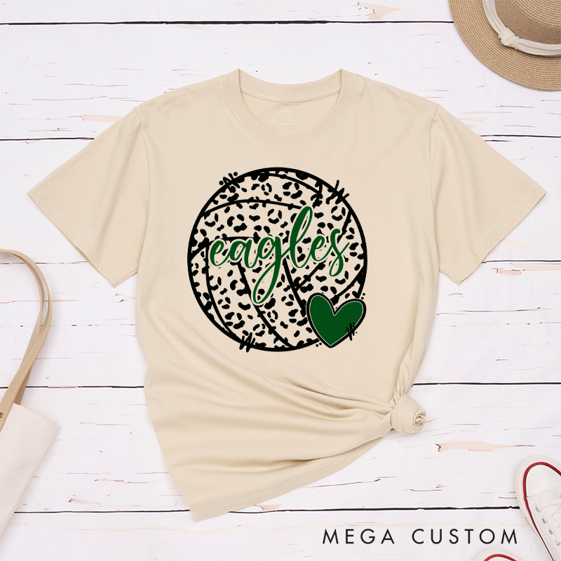 Personalized Volleyball Love and Leopard Print T-Shirts Featuring Your Team Name