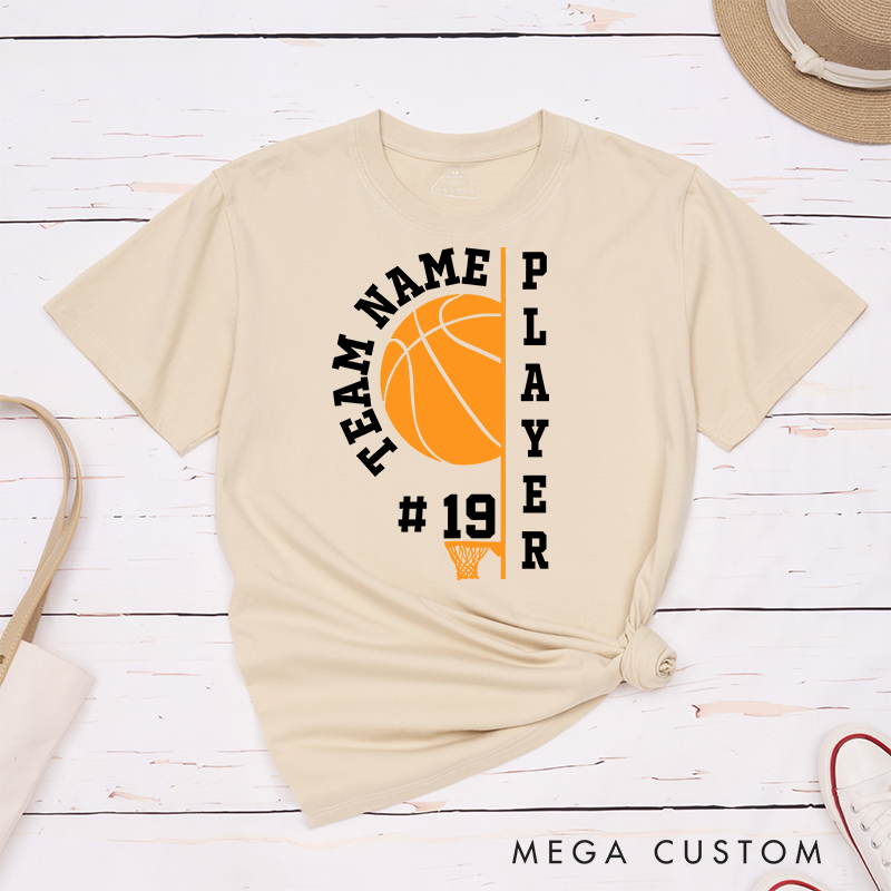 Personalized Basketball T-Shirt with Customizable Team Name, Player Name, Jersey Number, Bold Basketball Graphic, and Modern Vertical Typography Design