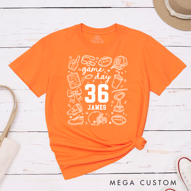 Personalized Game Day American Football T-Shirts with Fun Icon Collage Custom Team Name on the Back
