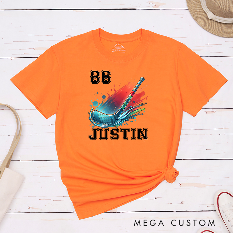 Personalized Athletic T-Shirt with Hockey Stick and Customizable Name