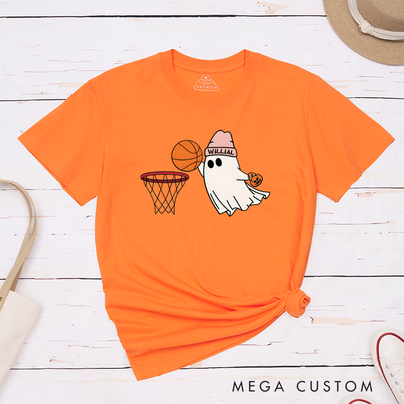 Personalized Halloween Basketball T-Shirt with Cute Ghost, Pumpkin, and Custom Name Design