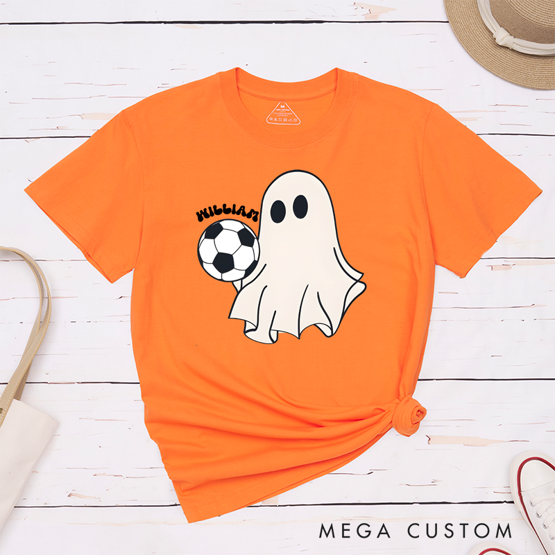 Personalized Halloween Soccer T-Shirt with Cute Ghost, Soccer Ball, and Custom Name Design