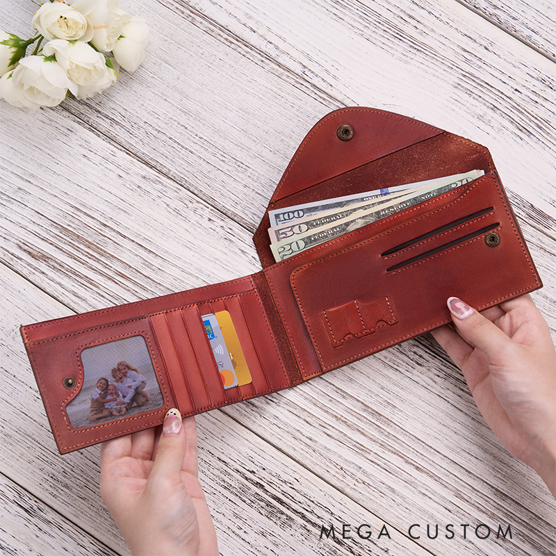 Personalized Leather Wallet for Women Birth Flower Women Wallet Engraved Leather Wallet Leather Purse Birth Flower Monogram Wallet Women's Purse Gift For Her Gift For Mother Birthday Gift