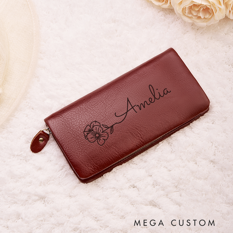 Personalized Leather Wallet for Women Birth Flower Leather Wallet Engraved Leather Wallet with Name Women Slim Wallet Clutch Purse Unique Gift for Her Birthday Gifts