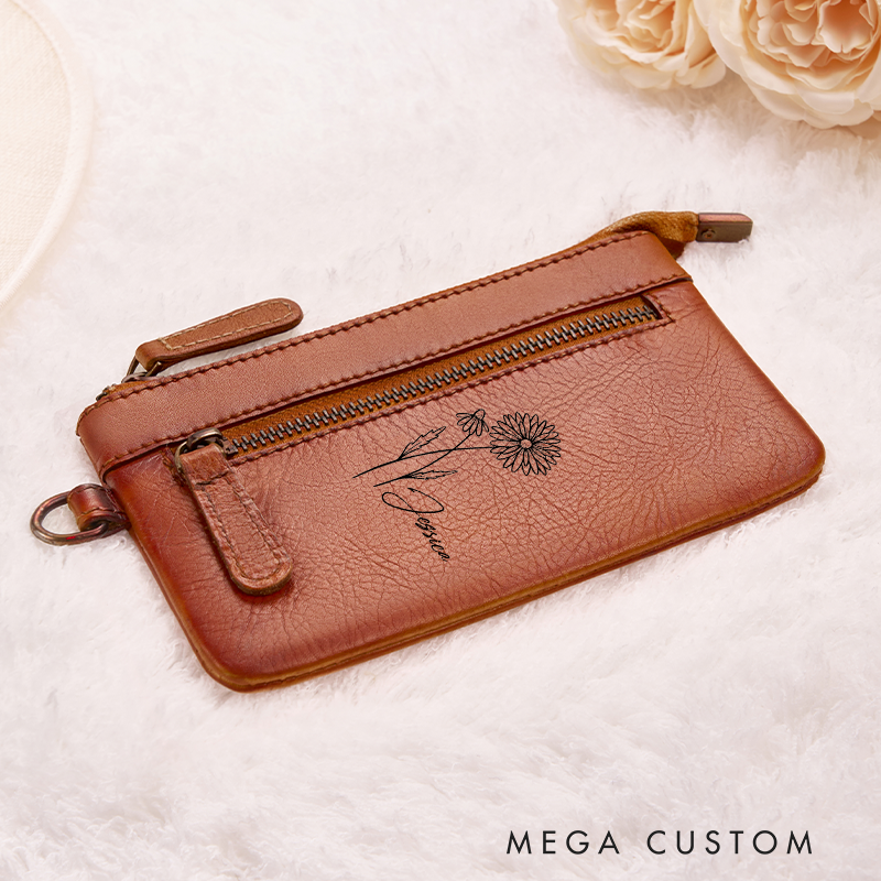 Personalized Women Leather Wallet Birth Flower Leather Wallet Women Leather Wallet With Zipper Engraved Women Leather Wallet Leather Gift for Her Unique Gift for Her Birthday Gifts