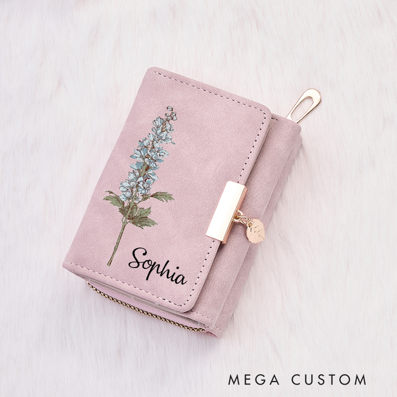 Personalized Leather Wallet for Girl Birth Flower Wallet for Her Trifold Wallet Purse Wallet Cute wallet Unique Gift for Her Birthday Gifts