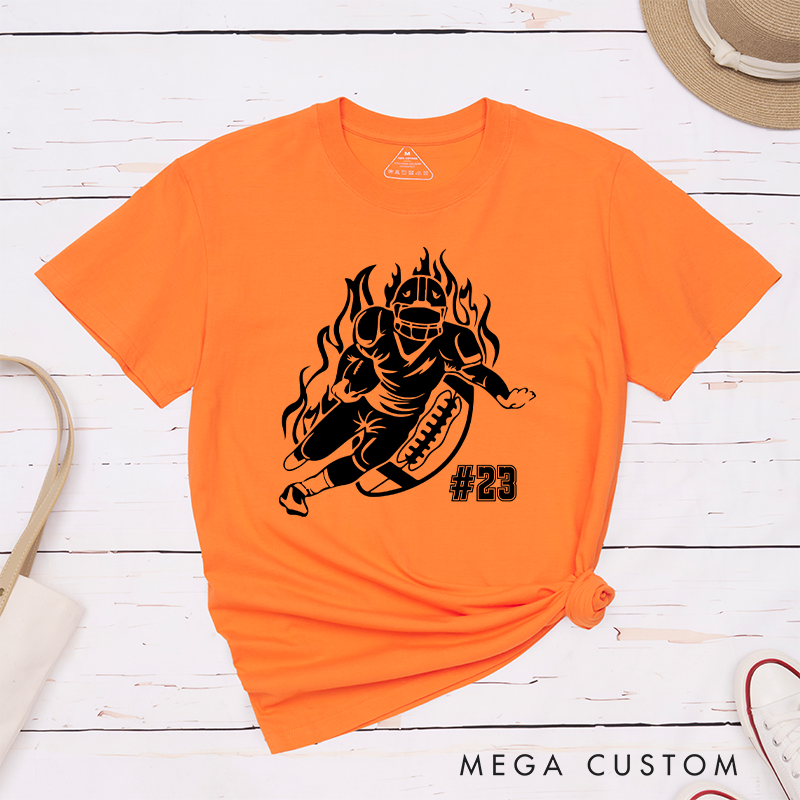 Personalized American Football Player T-Shirts Featuring Custom Number - Customizable Football Action Tee