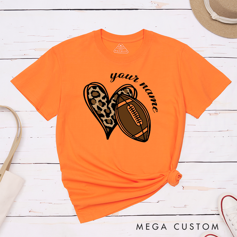 Personalized American Football and Rugby Leopard Love T-Shirts Featuring Custom Name