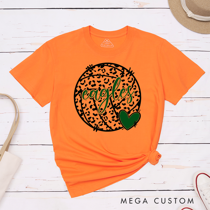 Personalized Volleyball Love and Leopard Print T-Shirts Featuring Your Team Name
