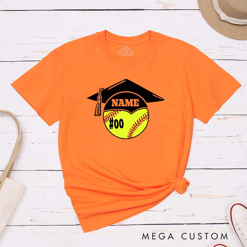 Personalized Graduation Softball T-Shirt Design Featuring Custom Name Player Number Graduation Cap and Bat Graphic