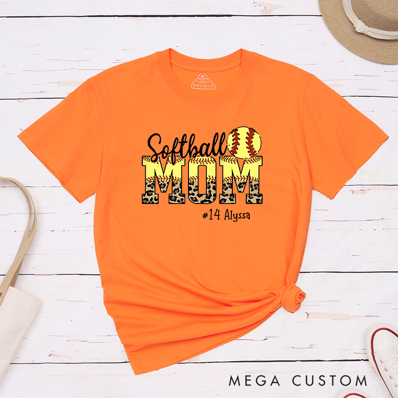 Personalized Softball Mom T-Shirt Design Featuring Leopard Print Bold Text Softball Graphic and Custom Player Name and Number