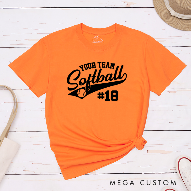 Personalized Softball Team T-Shirt Design Featuring Customizable Team Name Elegant Script Softball Text Dynamic Swoosh Element Baseball Graphic and Custom Player Number