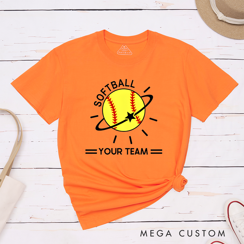 Personalized Softball Team T-Shirt Design Featuring Customizable Team Name Vibrant Softball Graphic with Orbiting Star and Radiating Lines