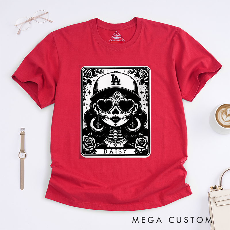 Personalized Tarot Lovers Classic T-Shirts La Chingona Skull T-Shirt Gothic Heart Glasses Skeleton Day of the Dead Tee 